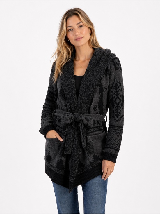 Barefoot Dreams Sweaters - Barefoot Dreams CozyChic Belted Wrap Cardigan Gray Black Aztec Geometric M/L